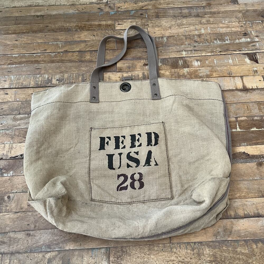 TARGET x FEED USA Burlap Tote Bag 16.5 in Metal Clasp Closure Polka Dot Lining
